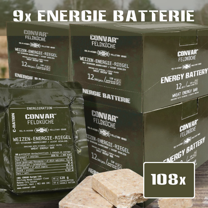 108 x CONVAR Feldküche Barres énergétiques de blé (120g) 108 x CONVAR Feldküche Barres énergétiques de blé (120g)